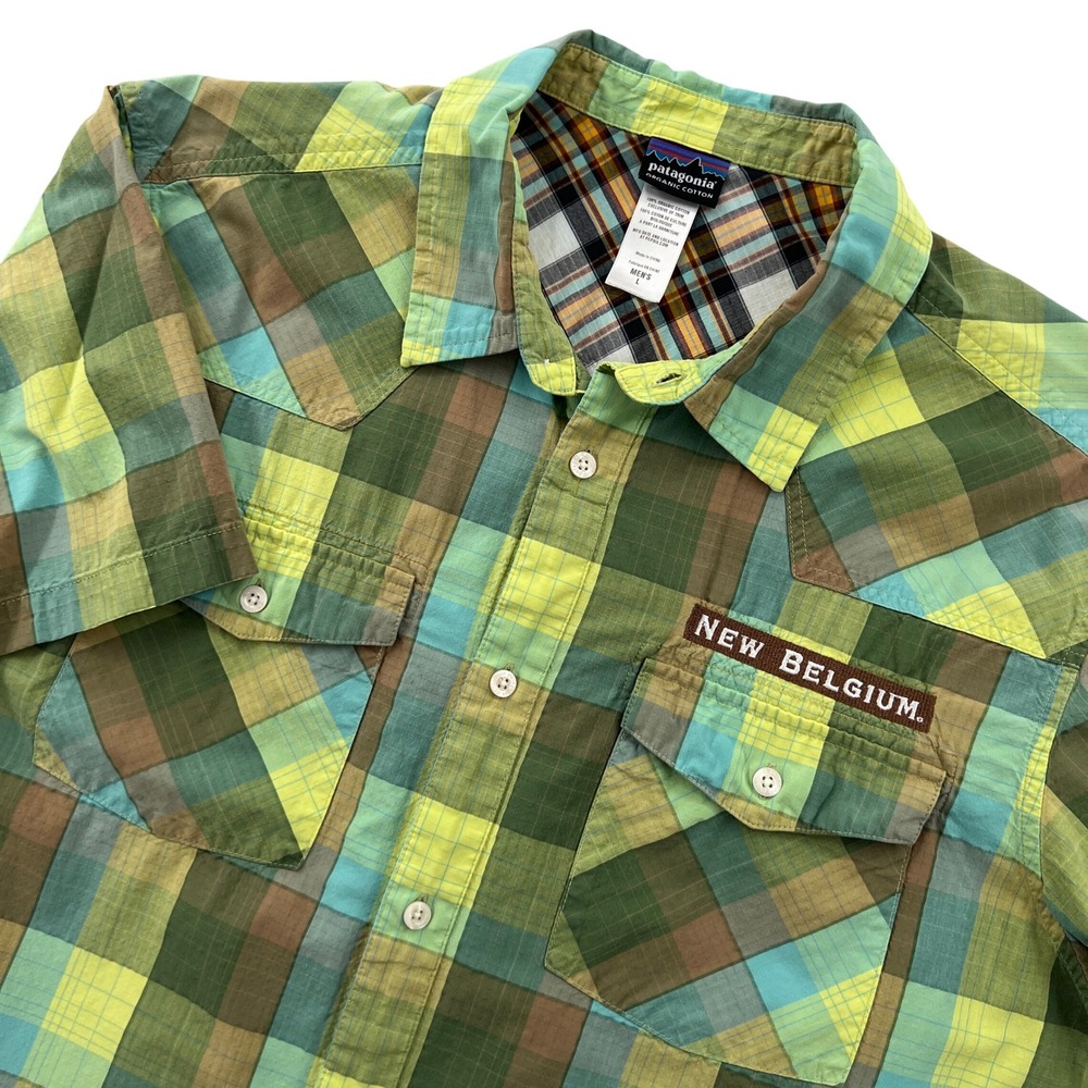 Patagonia Three Trees Button Up Shirt Men L Green Plaid New Belgium Brewing GORP